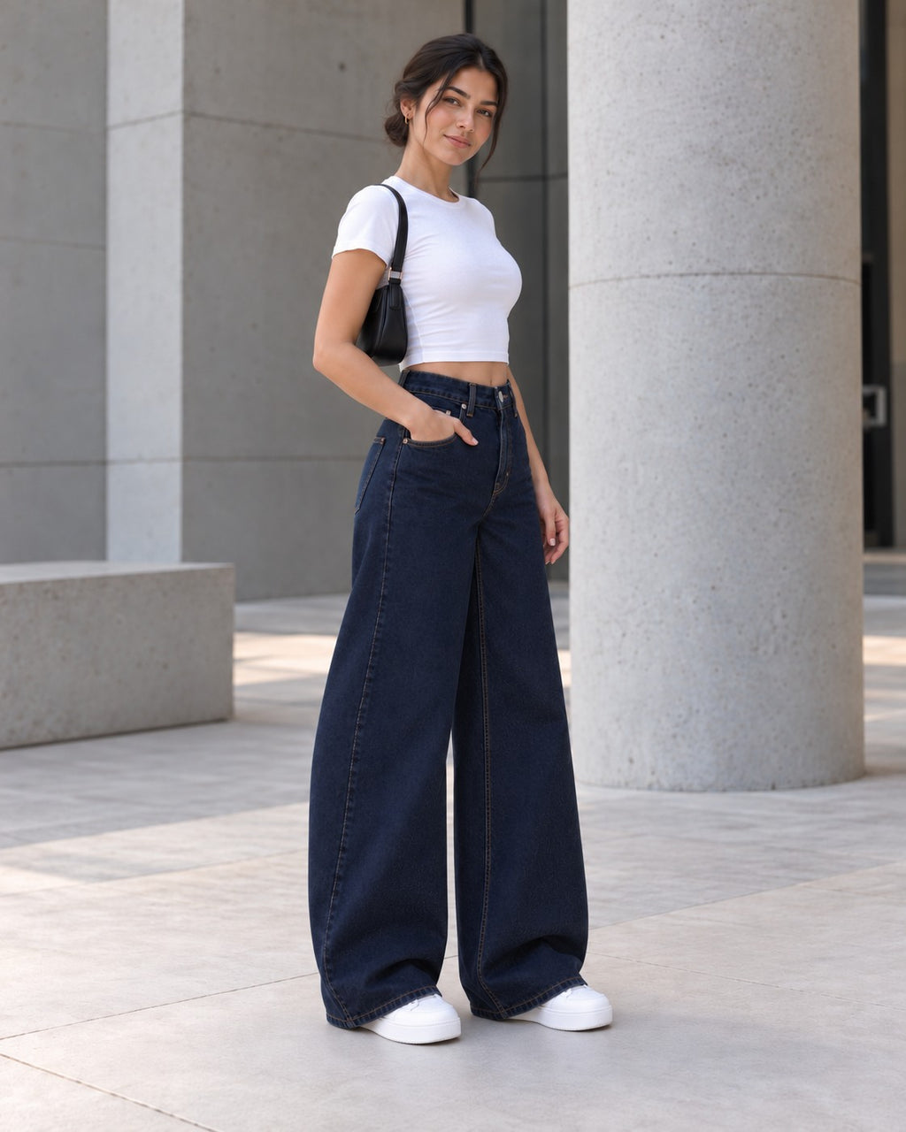 Navy Curved Wide-Leg Jeans
