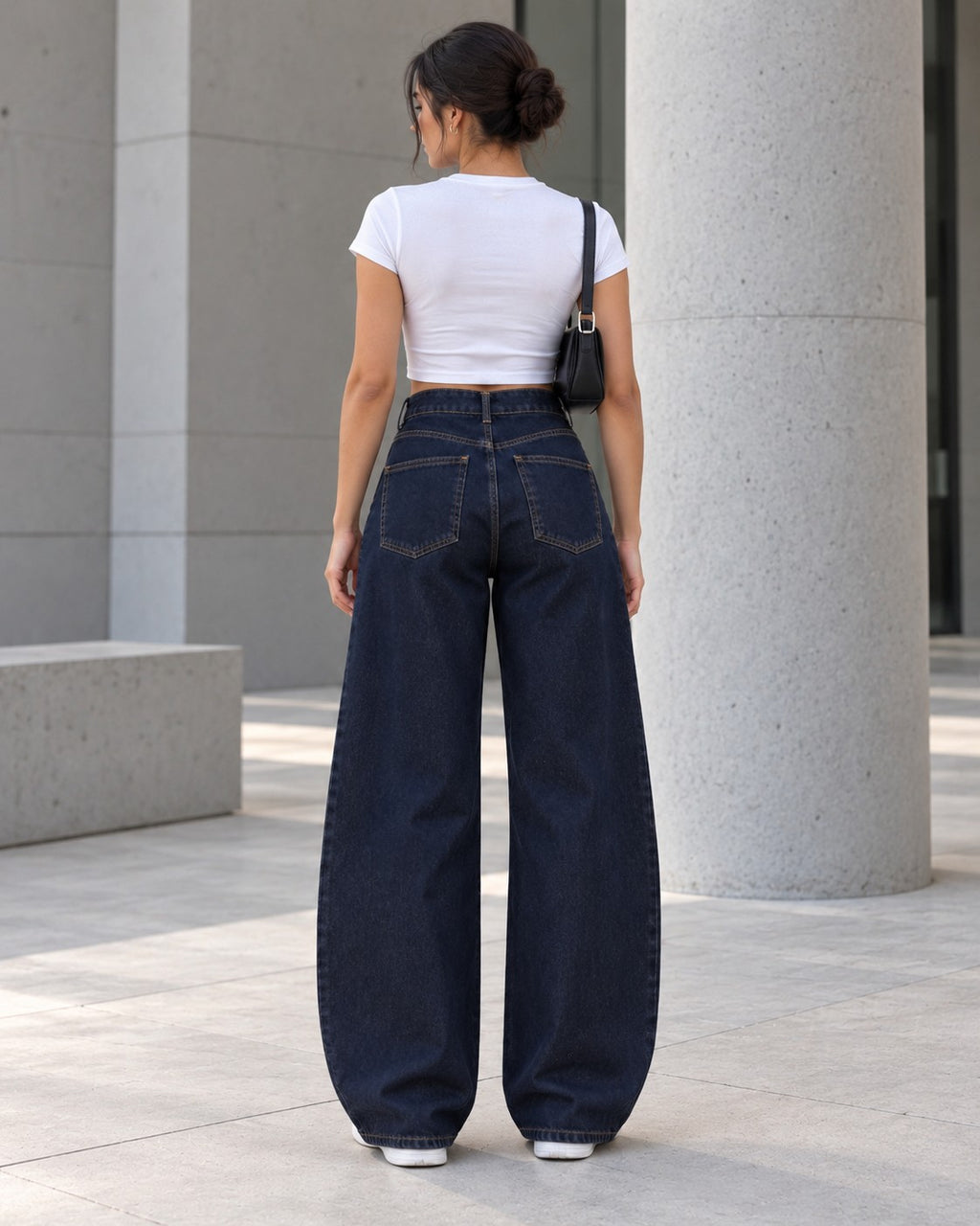 Navy Curved Wide-Leg Jeans