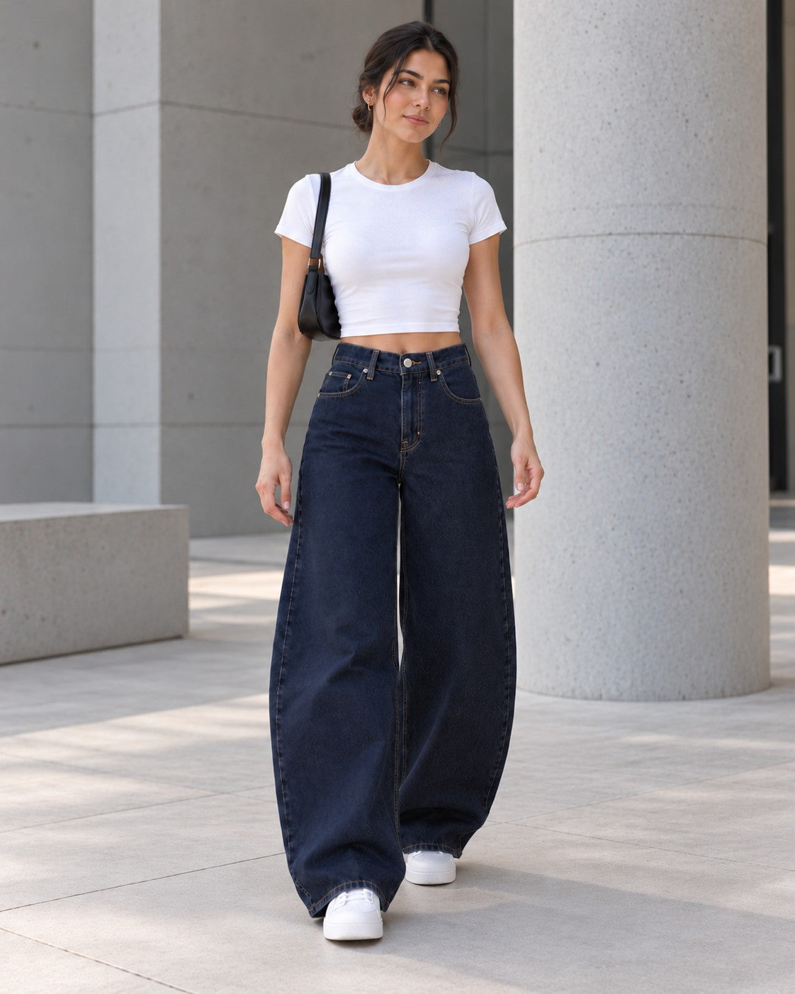 Navy Curved Wide-Leg Jeans