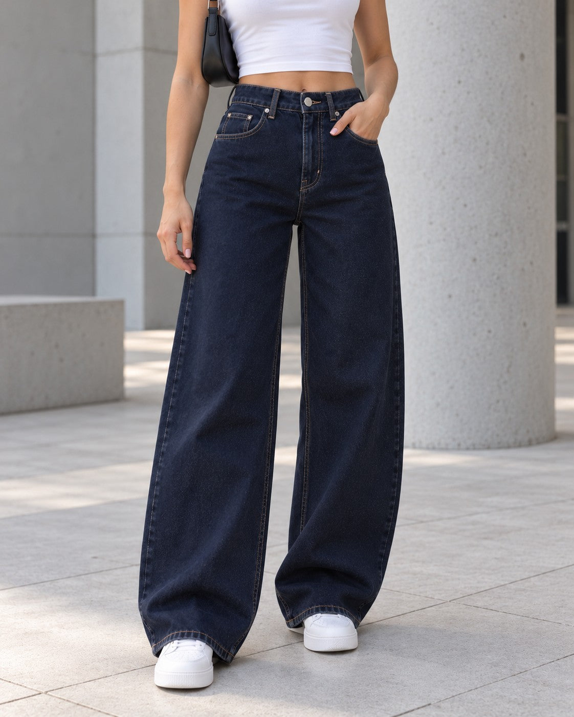Navy Curved Wide-Leg Jeans