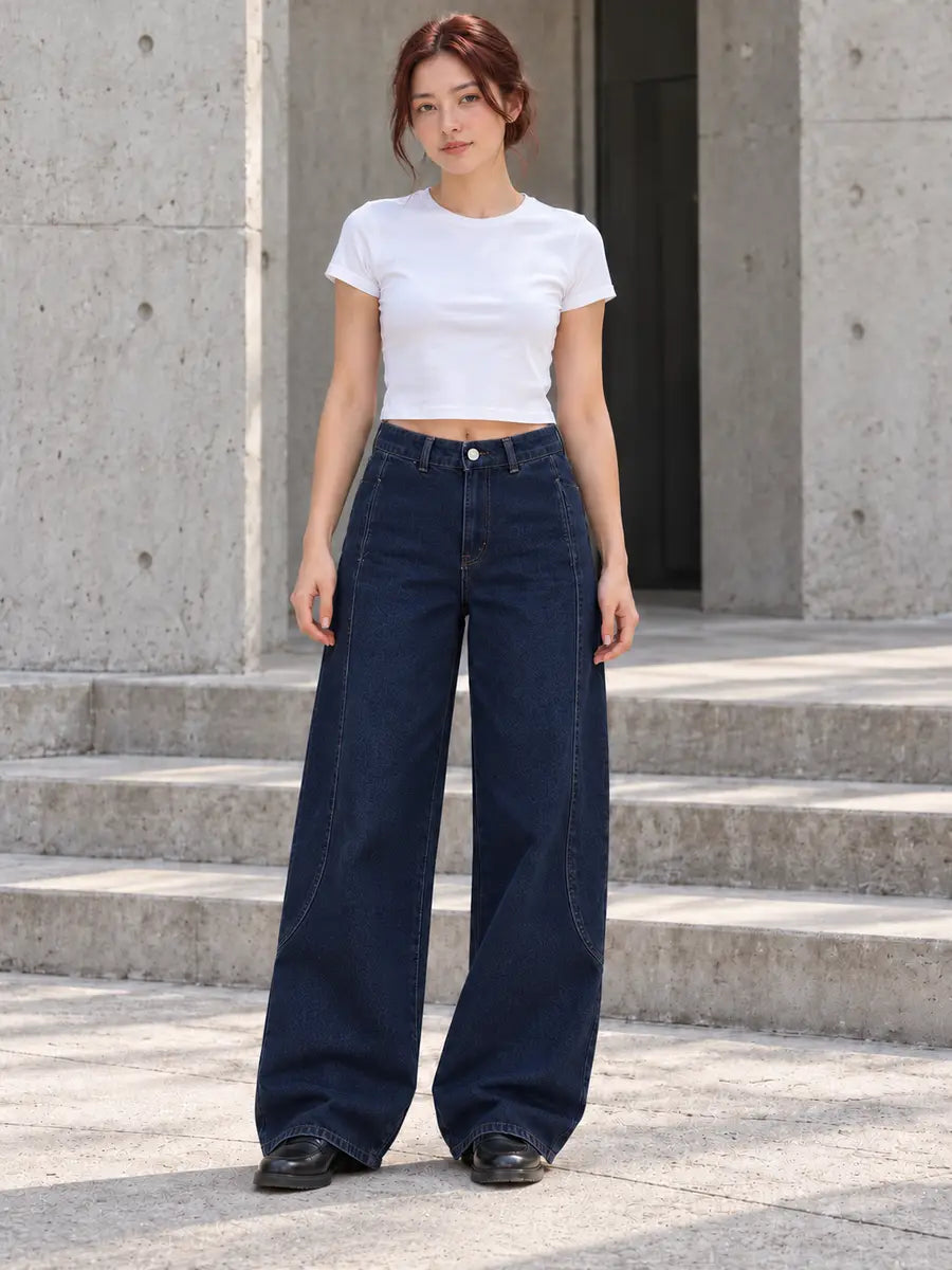 Navy Curved Panel Seam Barrel-Leg Jeans