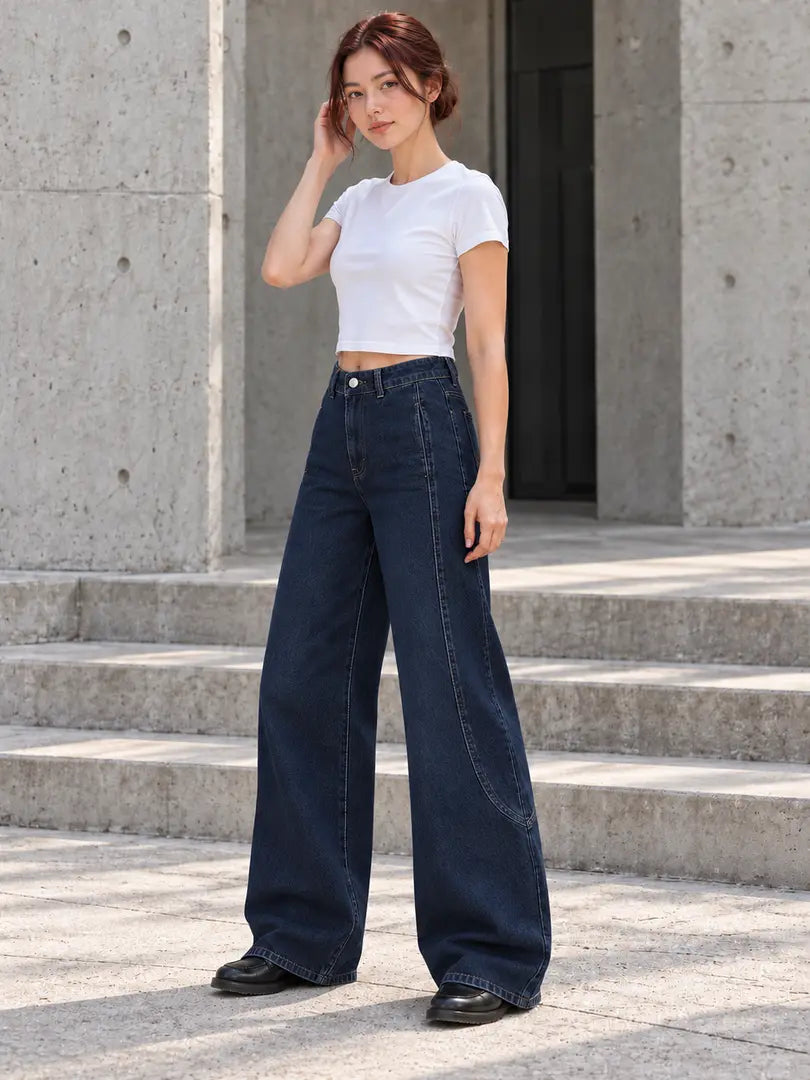 B823 Dark Navy wide-leg curved panel jeans - three quarter view