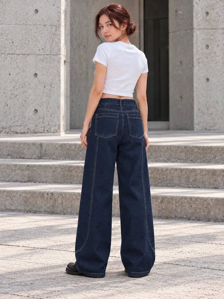 B823 Dark Navy wide-leg curved panel jeans - rear patch pockets