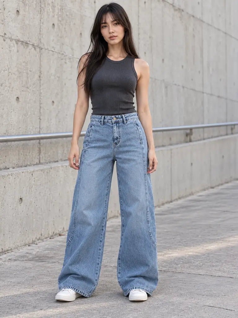 B823 Light Blue wide-leg curved panel jeans - front view