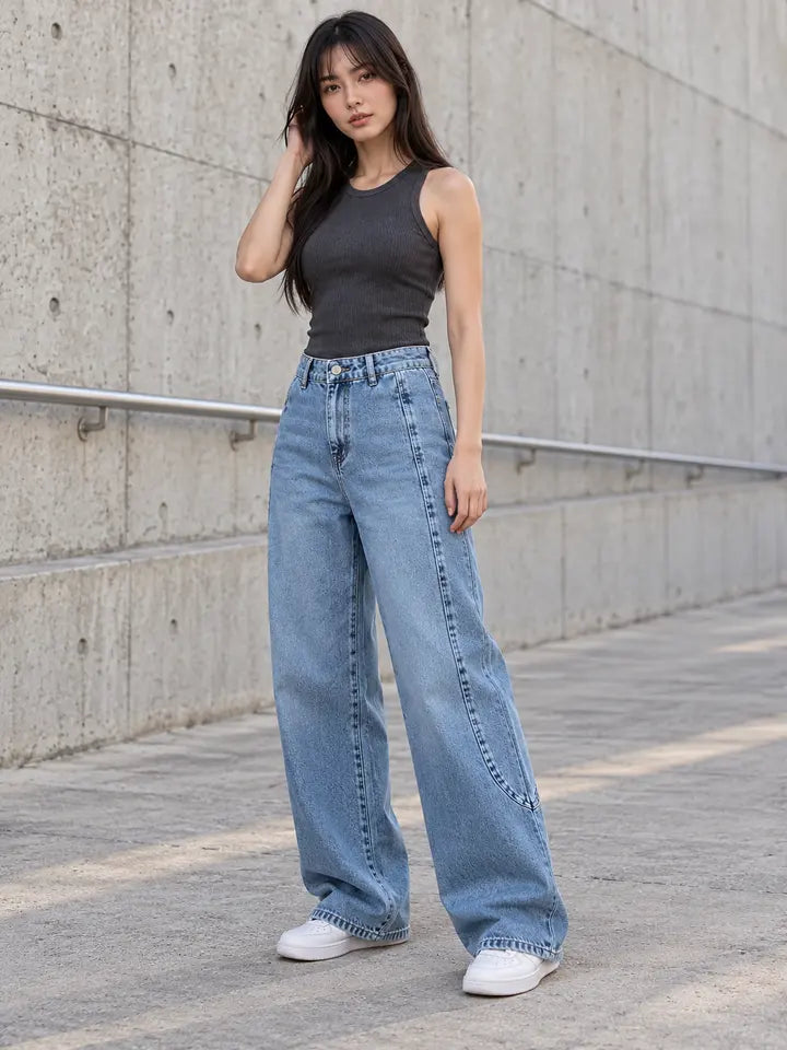 B823 Light Blue wide-leg curved panel jeans - three quarter curved seam view