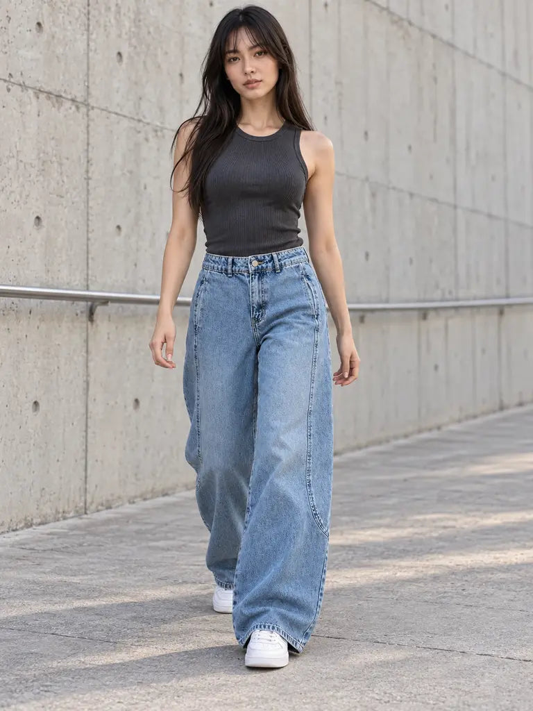 B823 Light Blue wide-leg curved panel jeans - walking view