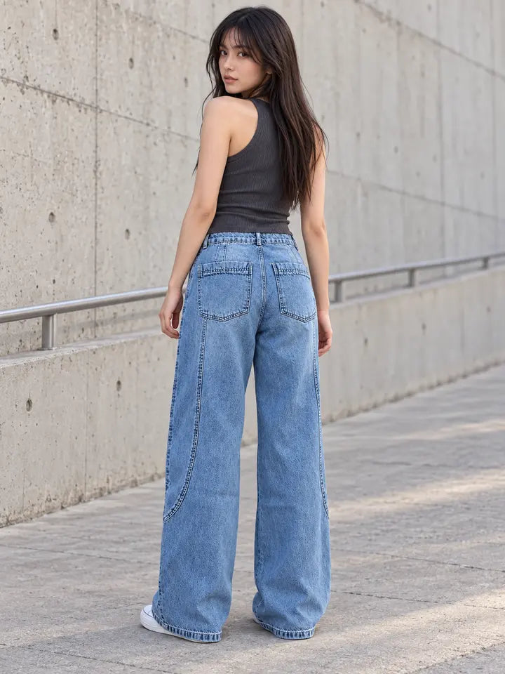 B823 Light Blue wide-leg curved panel jeans - rear plain patch pockets