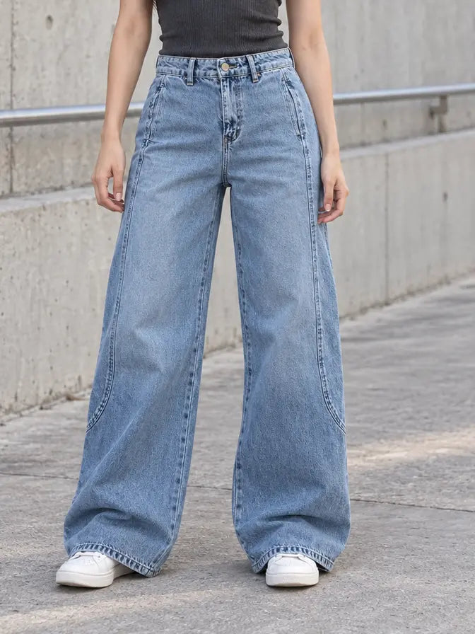 B823 Light Blue wide-leg curved panel jeans - full trousers detail