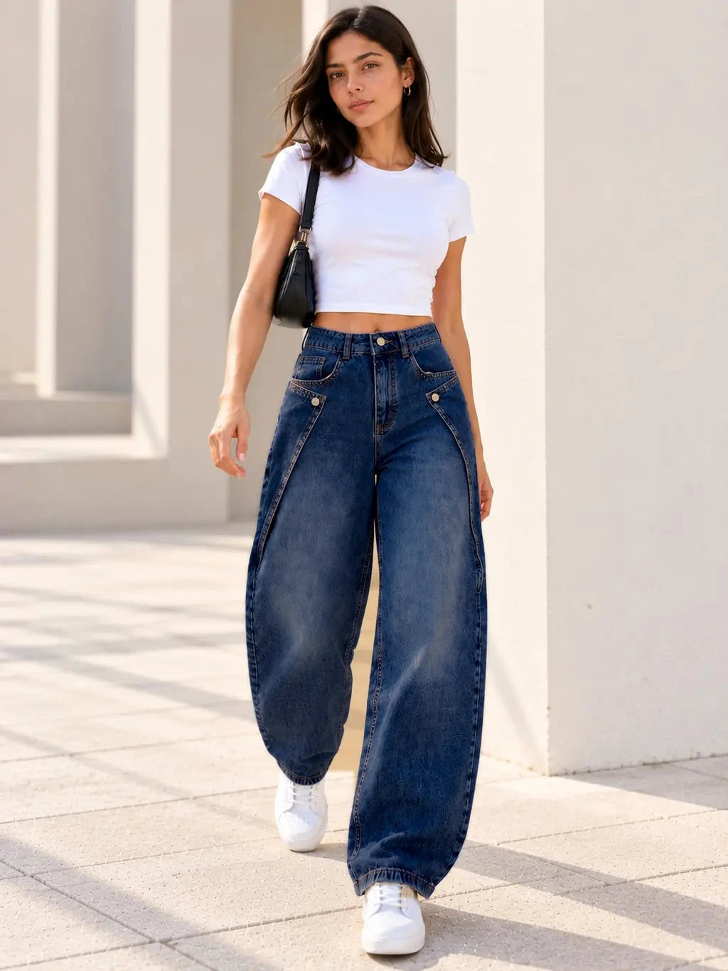 Deep Blue Button Tab Barrel-Leg Jeans - view 2