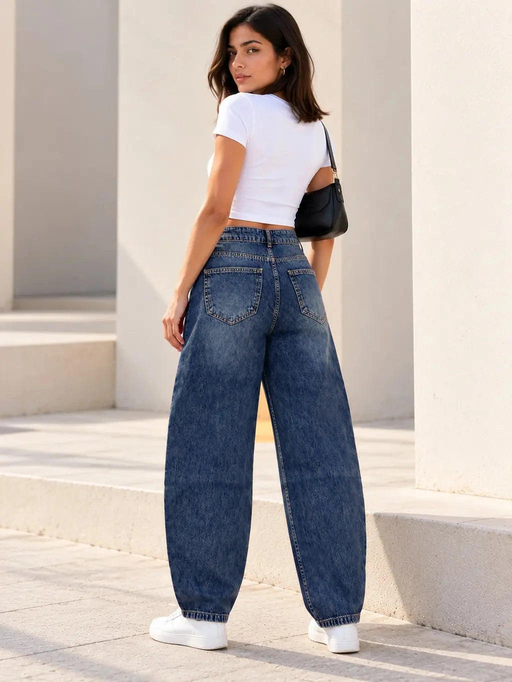 Deep Blue Button Tab Barrel-Leg Jeans - view 3