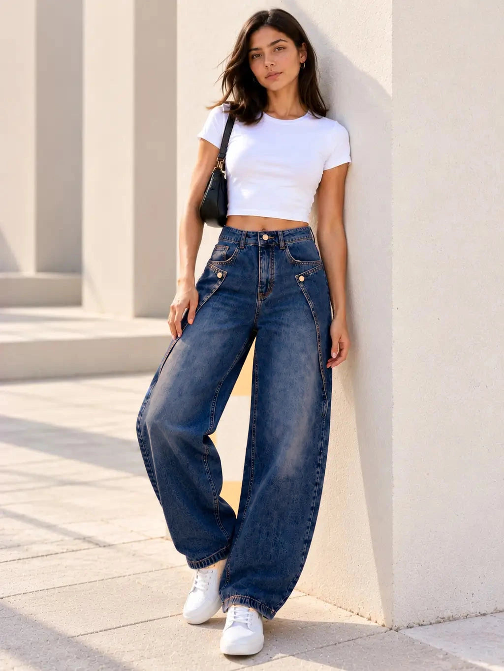 Deep Blue Button Tab Barrel-Leg Jeans - view 4
