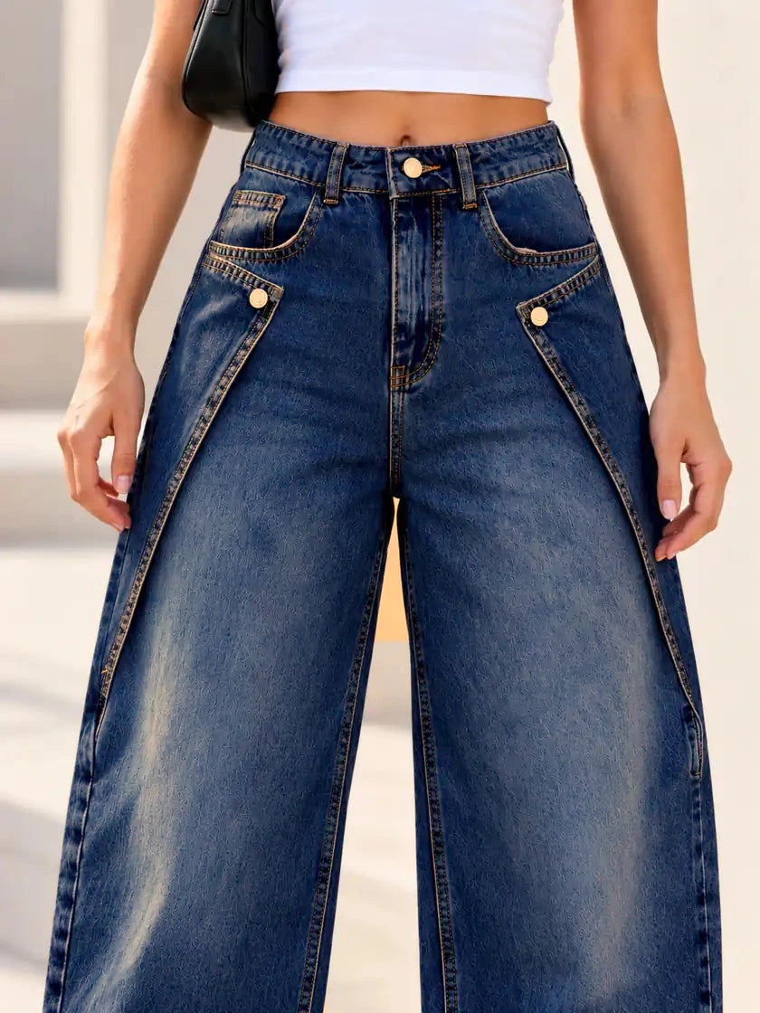 Deep Blue Button Tab Barrel-Leg Jeans - view 5
