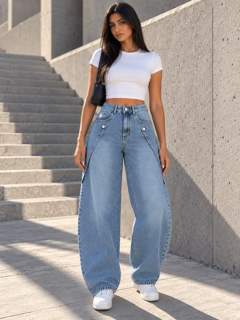 Light Blue Button Tab Barrel-Leg Jeans