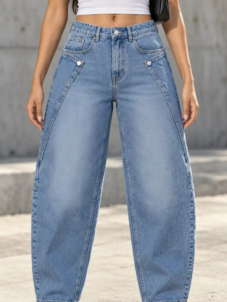 Light Blue Button Tab Barrel-Leg Jeans - view 5
