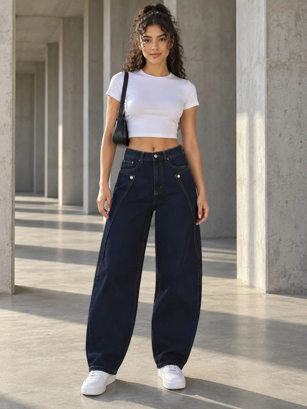 Navy Button Tab Barrel-Leg Jeans - view 1