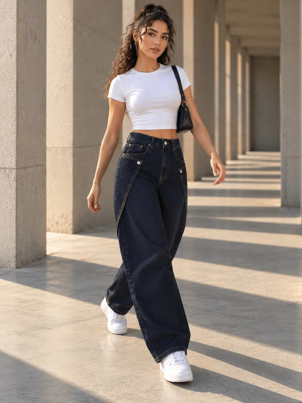 Navy Button Tab Barrel-Leg Jeans - view 2