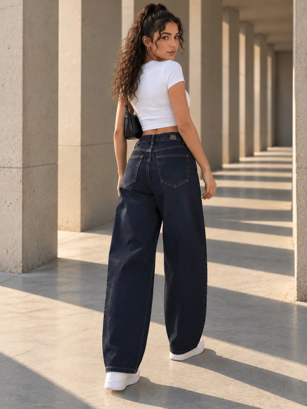Navy Button Tab Barrel-Leg Jeans - view 3