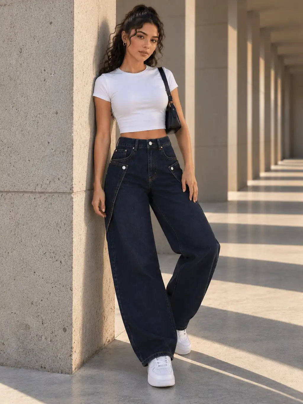 Navy Button Tab Barrel-Leg Jeans - view 4