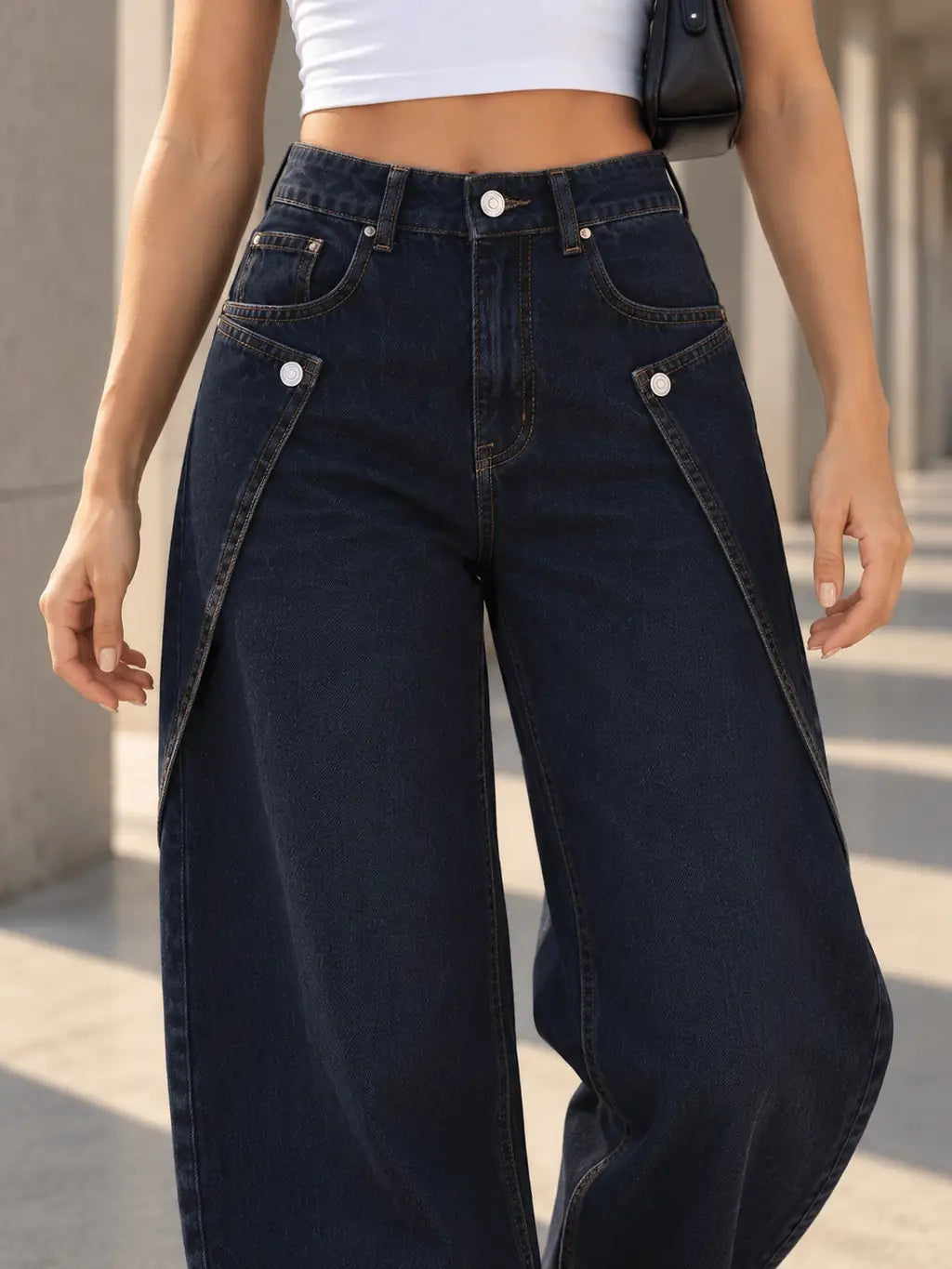 Navy Button Tab Barrel-Leg Jeans - view 5