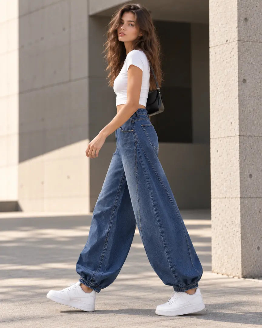 Deep Blue Baggy Fit Panel Jeans
