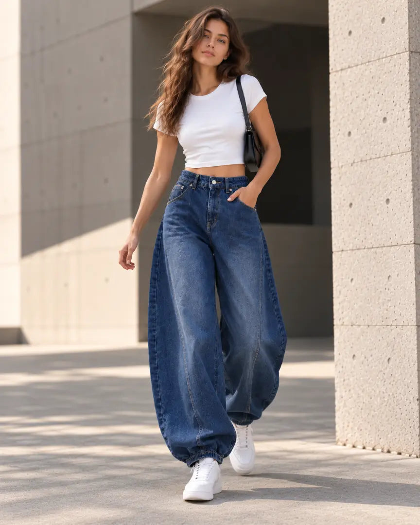 Deep Blue Baggy Fit Panel Jeans