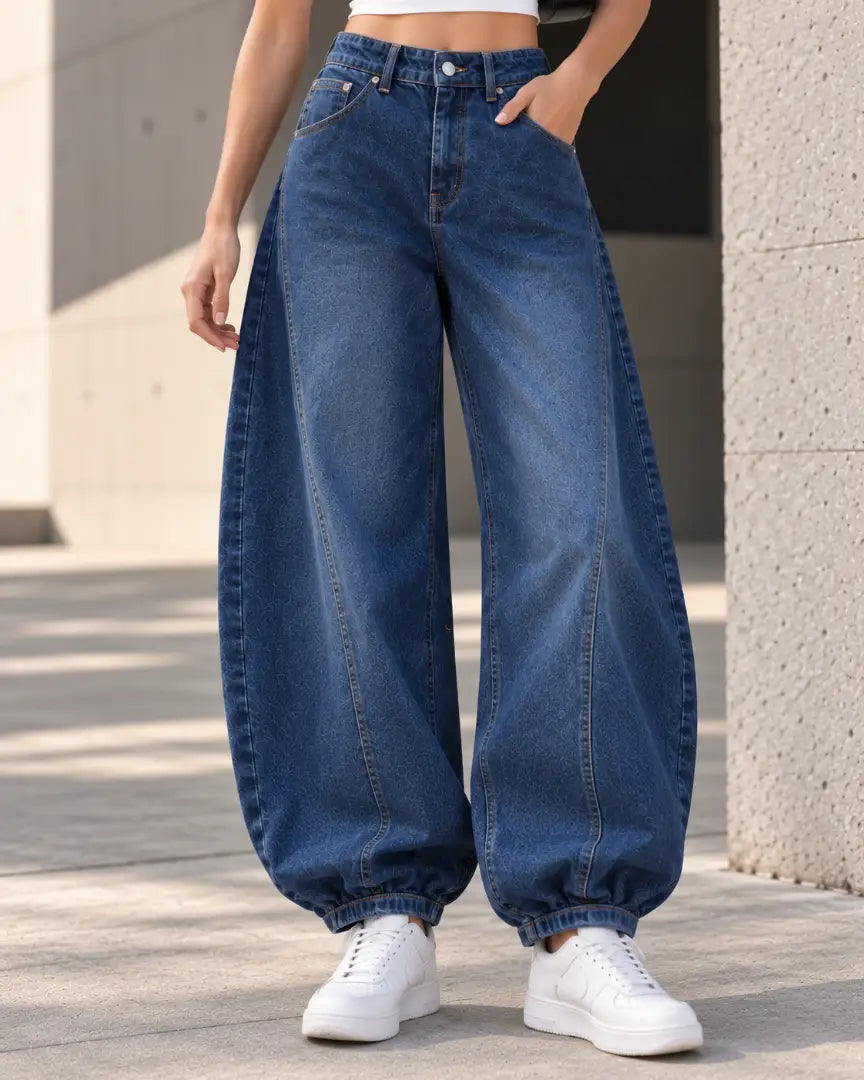 Deep Blue Baggy Fit Panel Jeans