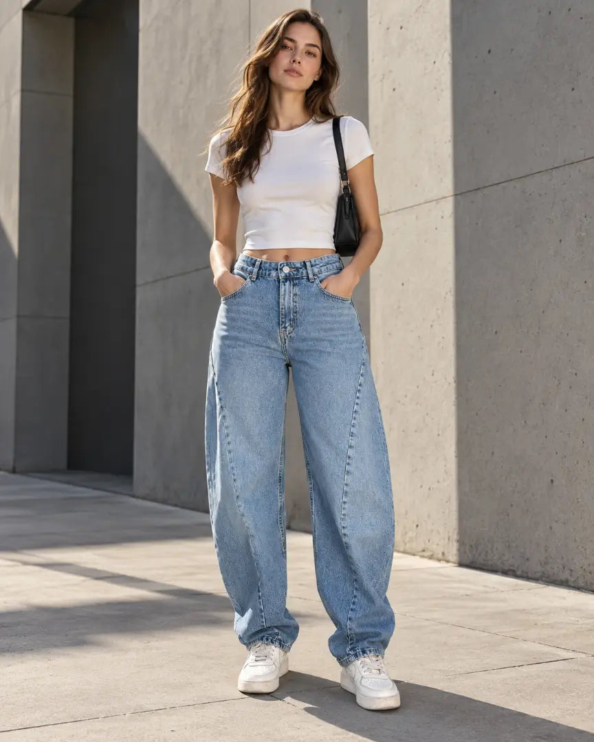 Light Blue Curved Seam Balloon Jeans