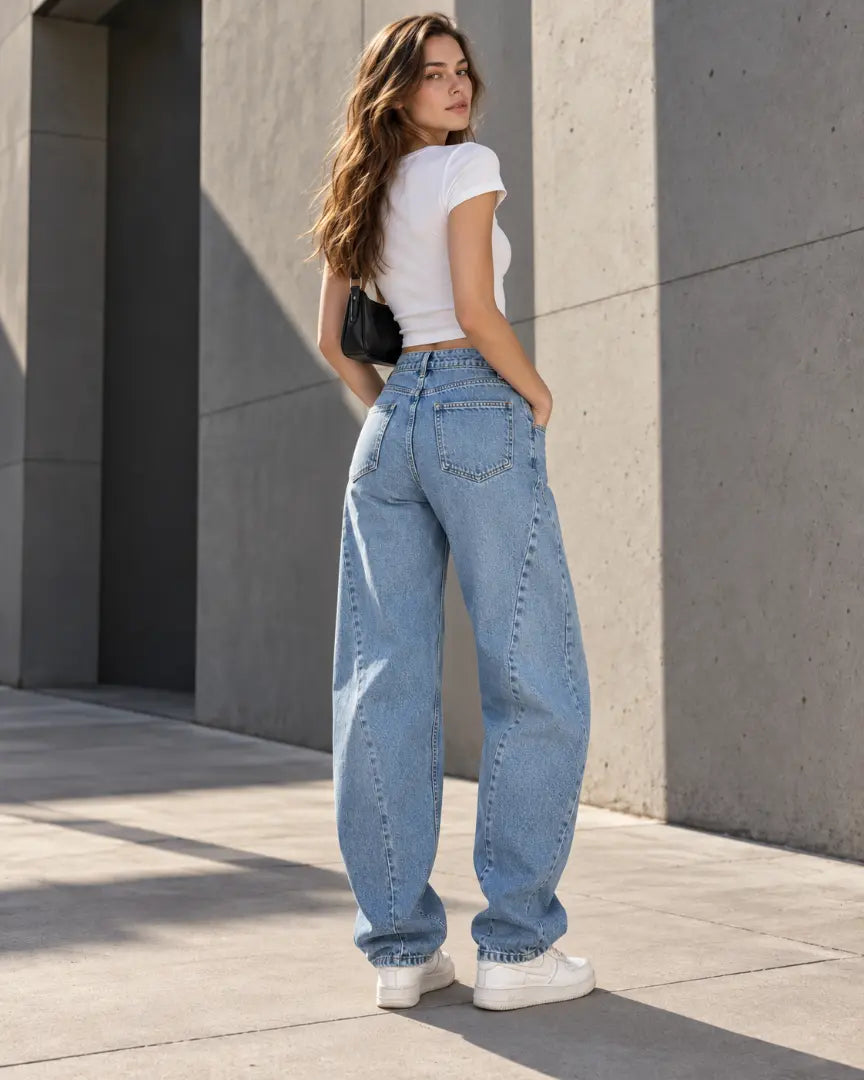 Light Blue Curved Seam Balloon Jeans