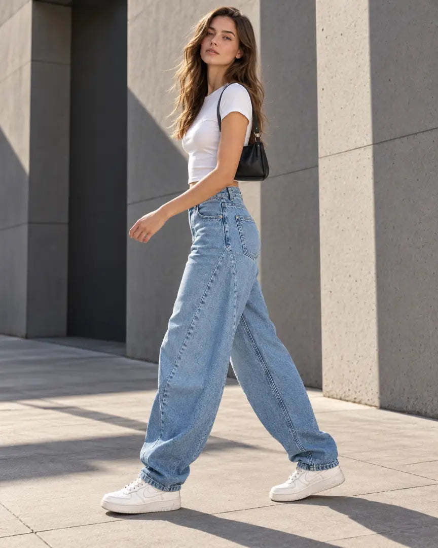 Light Blue Curved Seam Balloon Jeans