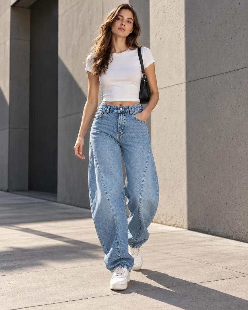 Light Blue Curved Seam Balloon Jeans