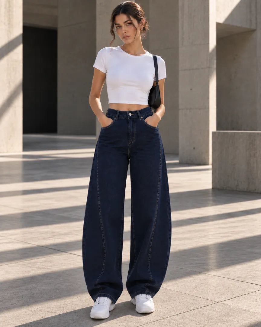 Navy Curved Seam Balloon Jeans