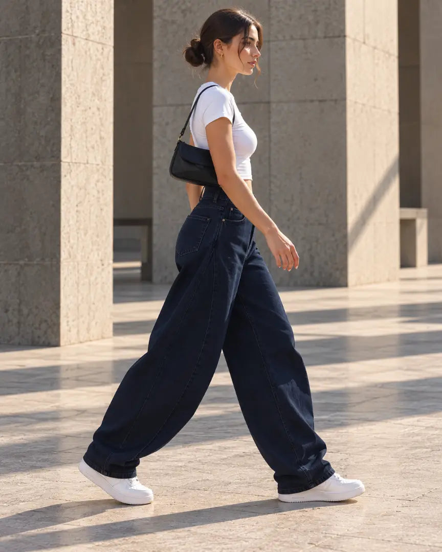 Navy Curved Seam Balloon Jeans