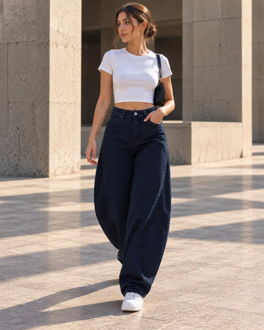 Navy Curved Seam Balloon Jeans