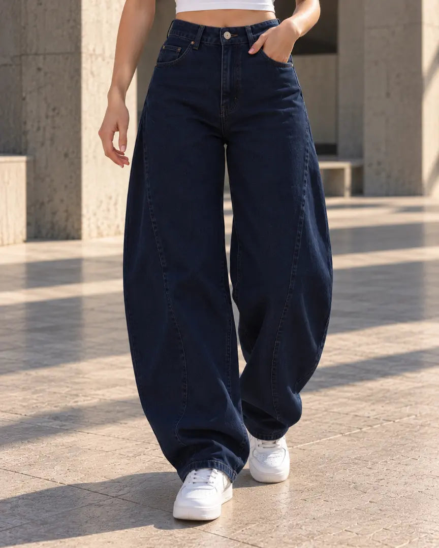 Navy Curved Seam Balloon Jeans
