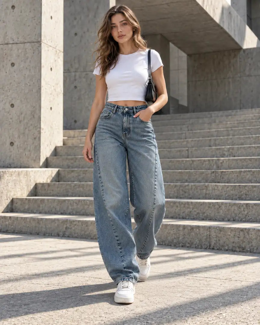 Vintage Blue Curved Seam Balloon Jeans
