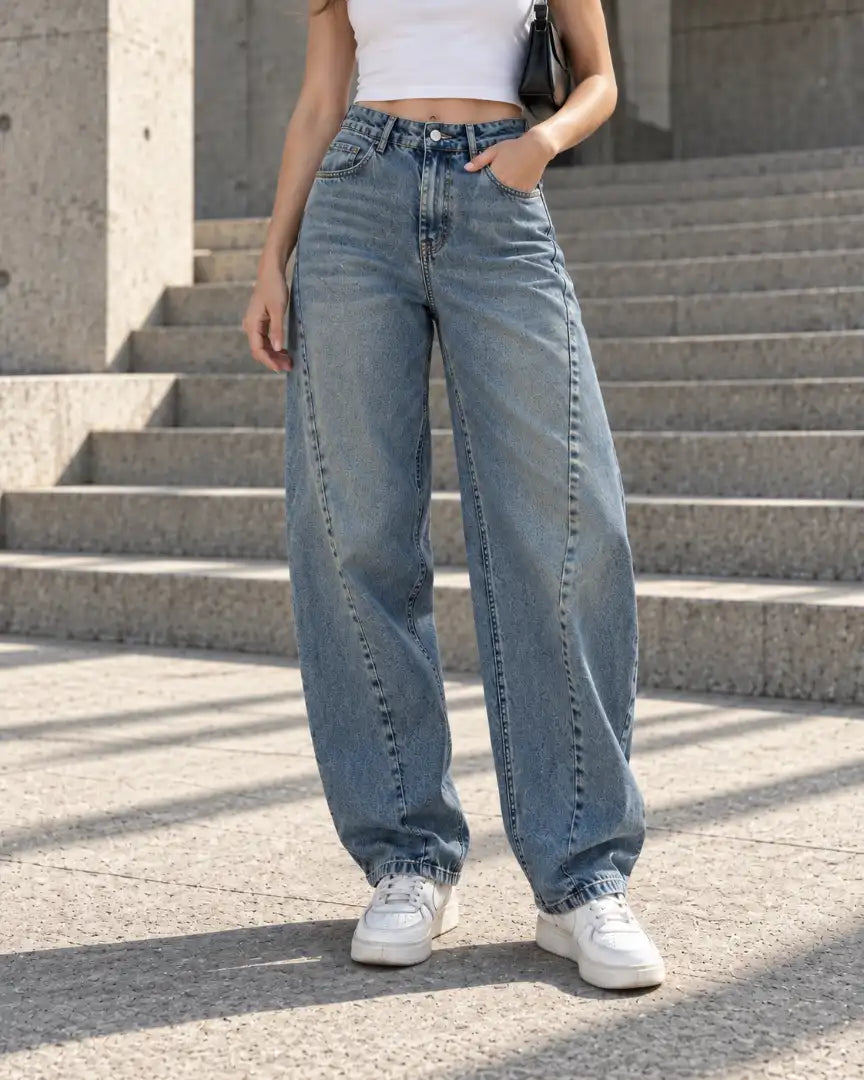 Vintage Blue Curved Seam Balloon Jeans