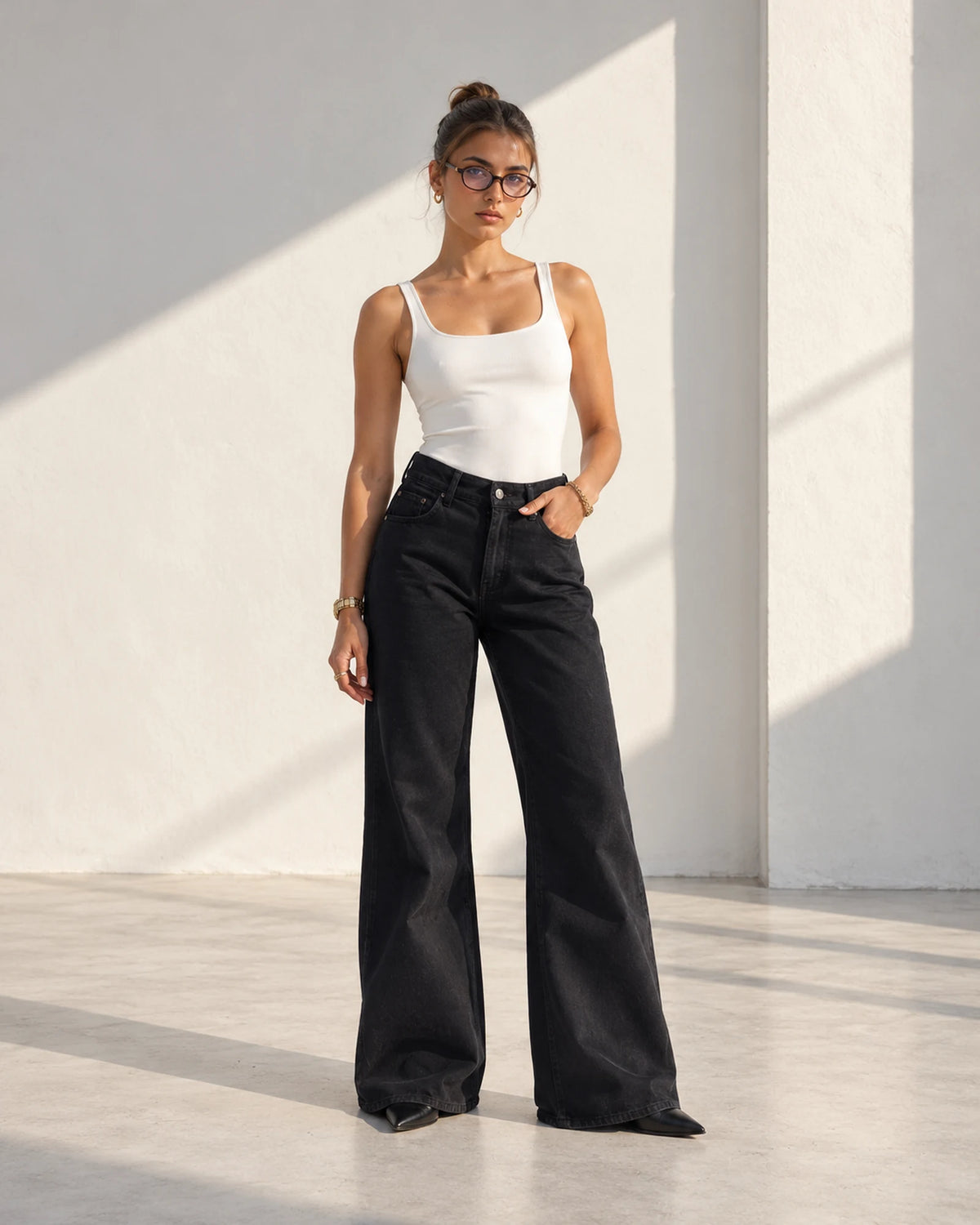 Black High-Rise Wide-Leg Flare Jeans