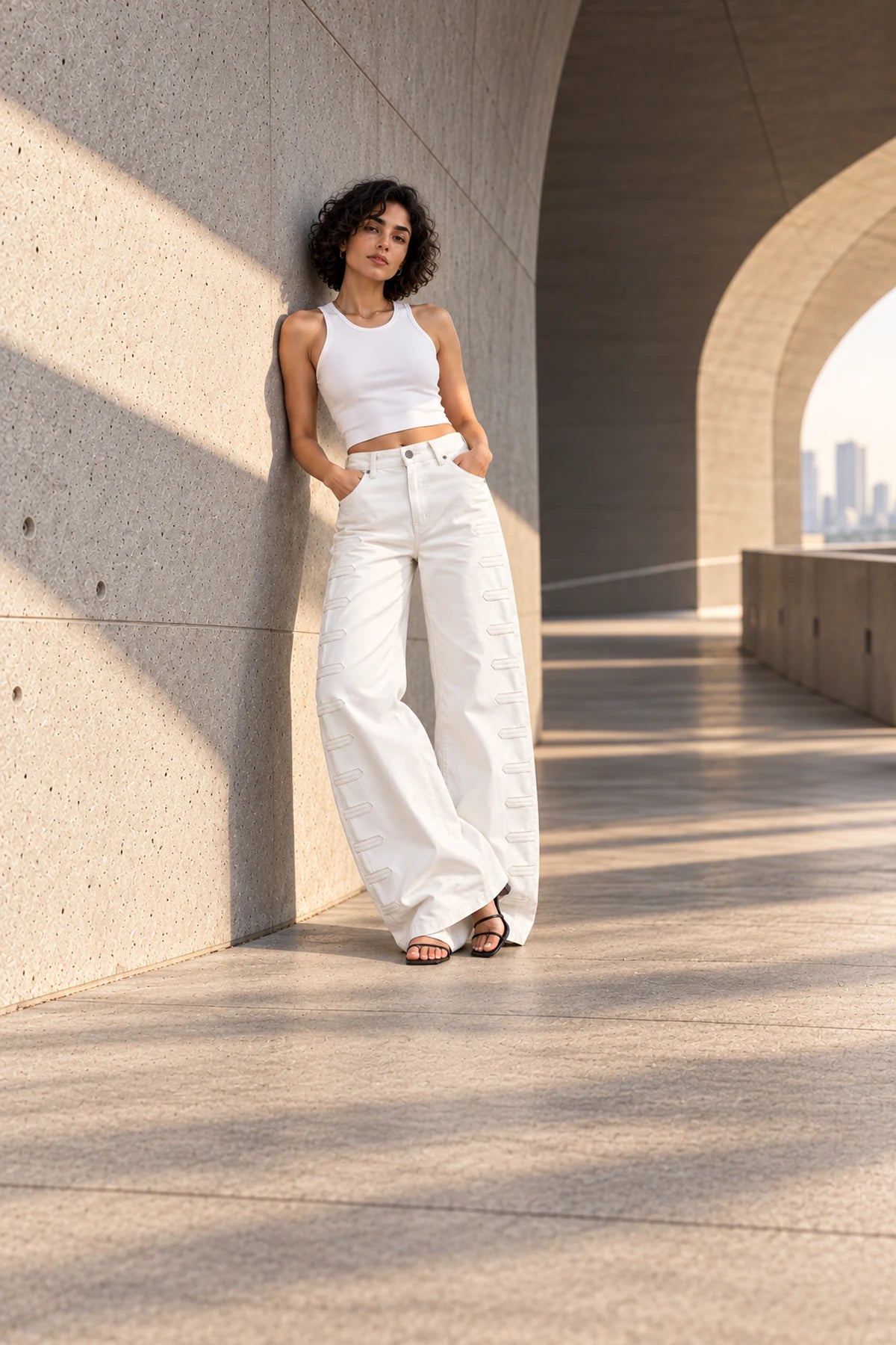 Off White Wide-Leg Pants with Side Tab Details