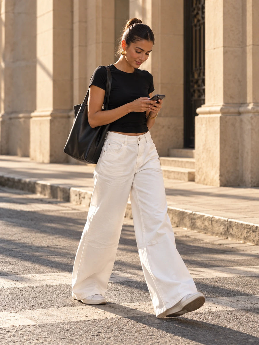 Off White High-Rise Wide-Leg Flare Jeans