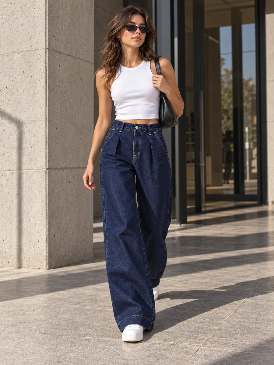 Navy High-Waisted Pleated Wide-Leg Jeans