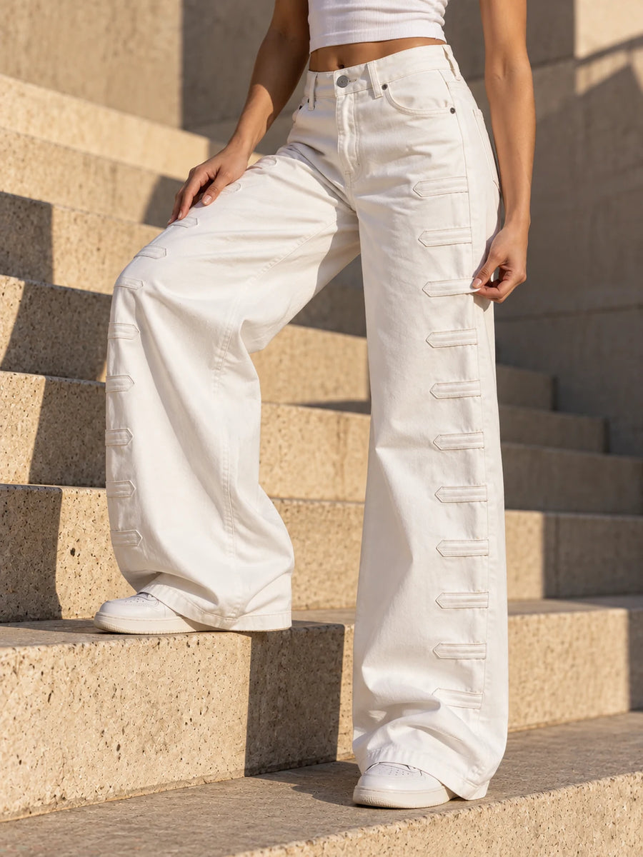 Off White Wide-Leg Pants with Side Tab Details